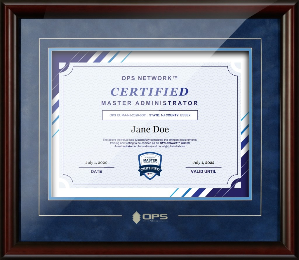 OPS Network Certified Master Administrator framed certificate